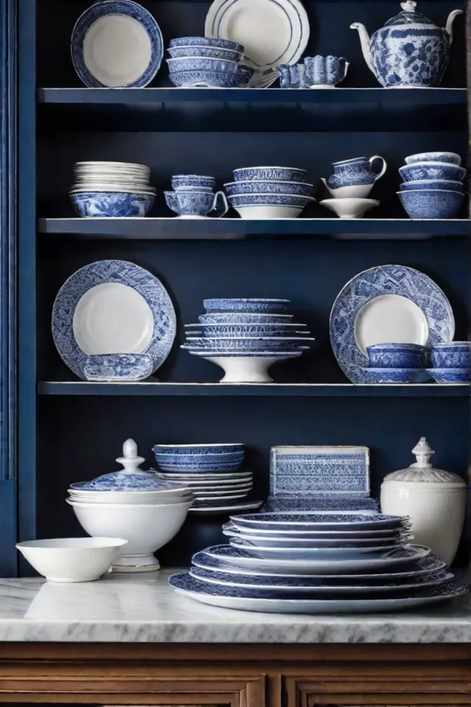 Classic blue and white porcelain dishes displayed on open shelving against a