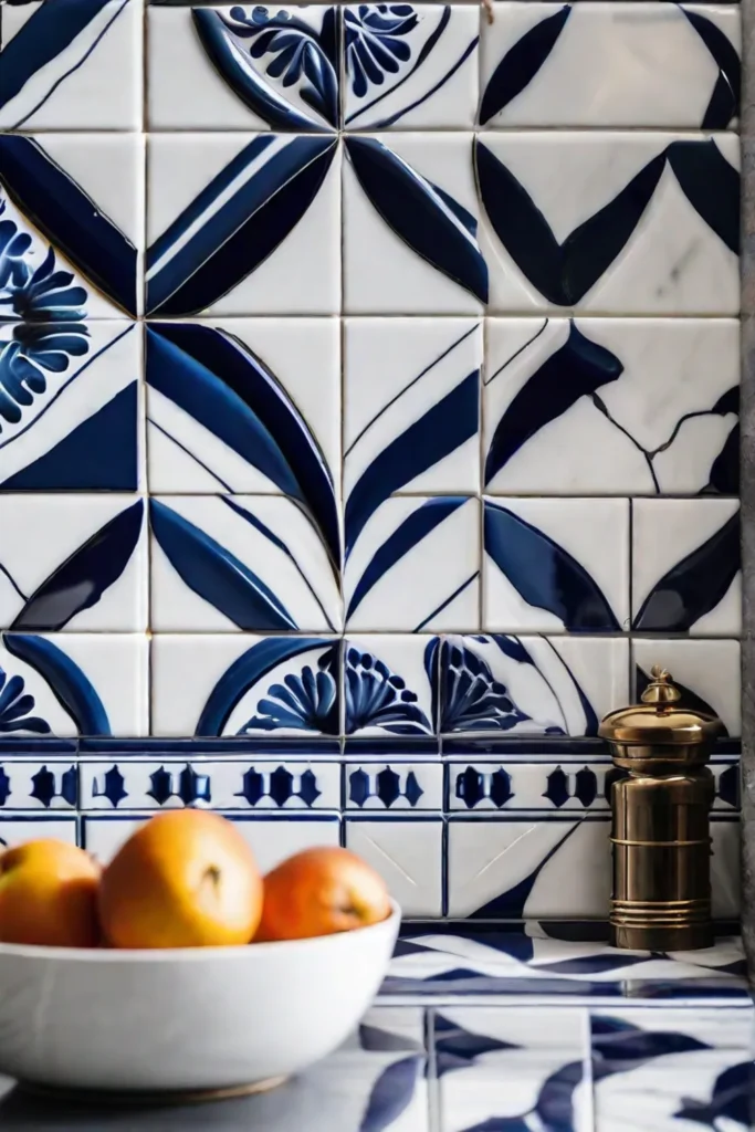 Closeup of a kitchen counter featuring classic blue and white patterned ceramic