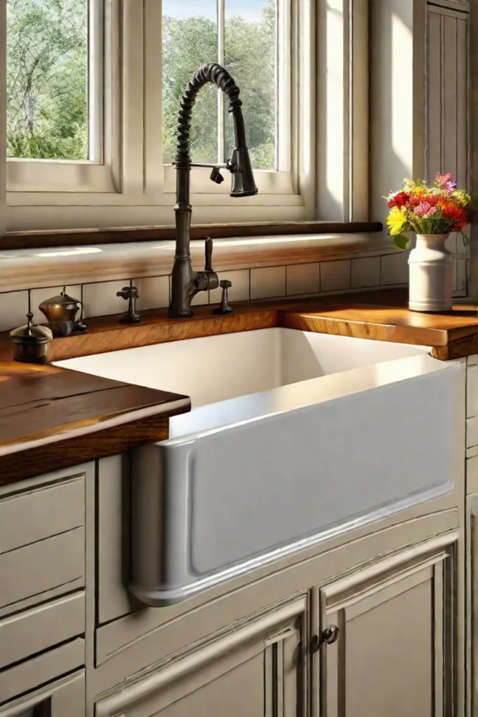 Closeup of an apron sink in a farmhouse kitchen with sunlight streaming