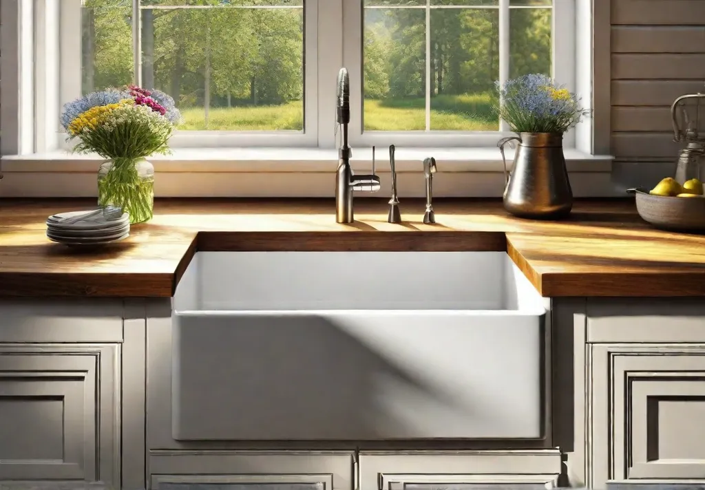 Closeup of an apron sink in a farmhouse kitchen with sunlight streamingfeat 1