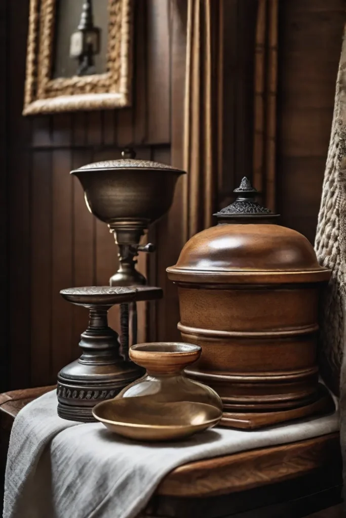 Closeup of an array of antique decor accents ceramic canisters oldfashioned scales