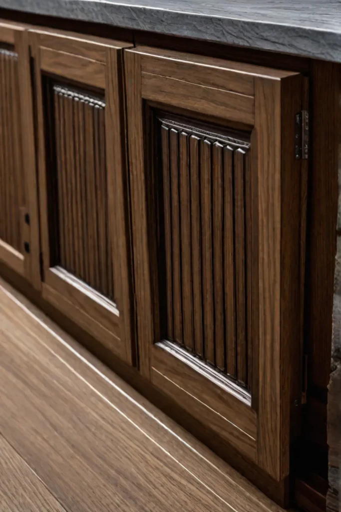 Closeup of beadboard cabinet door with textured countryinspired pattern