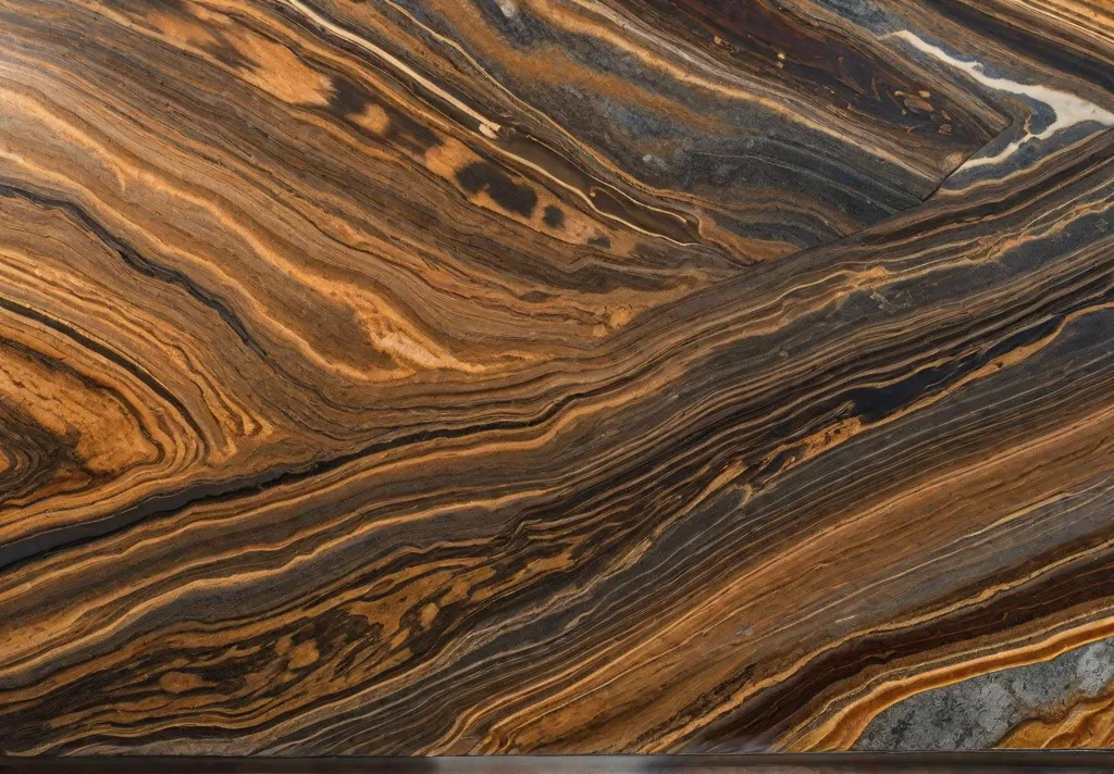 Closeup of polished granite countertop showcasing the unique veins and colors withfeat