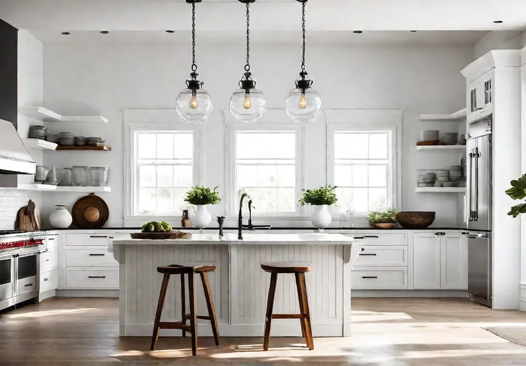 Coastal kitchen with airy white cabinets natural wood accents and shimmering glassfeat
