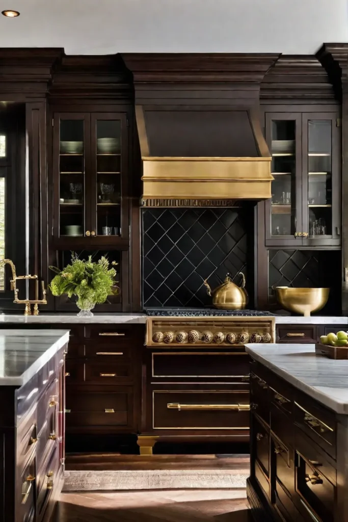 Colonial kitchen focusing on the symmetry of paneled cabinetry in a rich