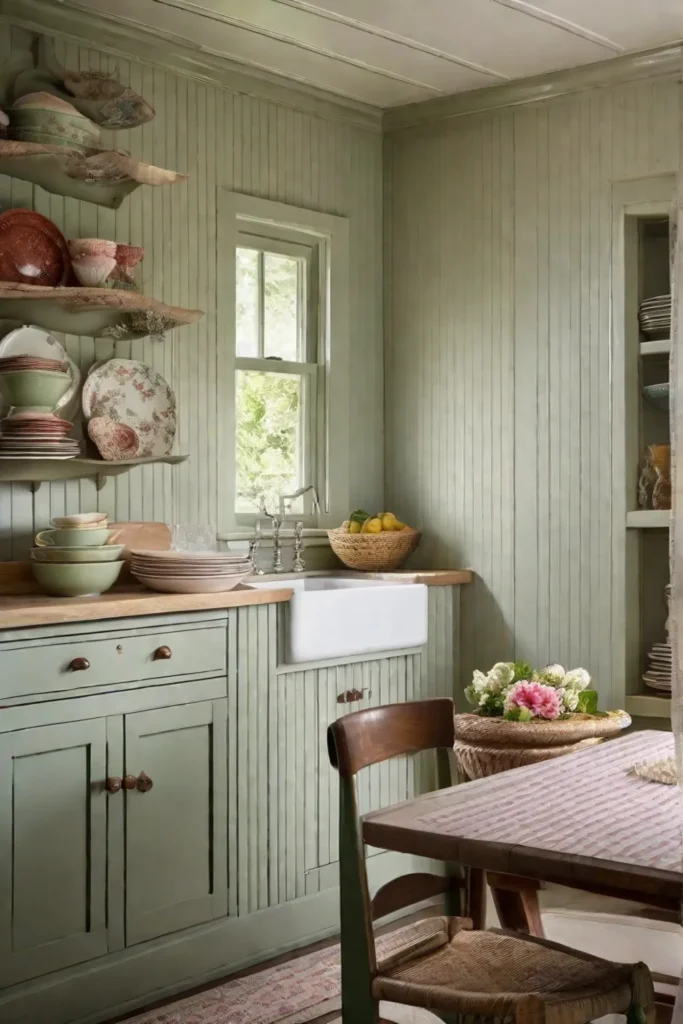 Cozy corner in a cottage kitchen showing beadboard cabinetry painted in a