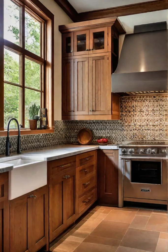 Craftsman kitchen showcasing custom cabinetry in a medium wood finish with handcrafted