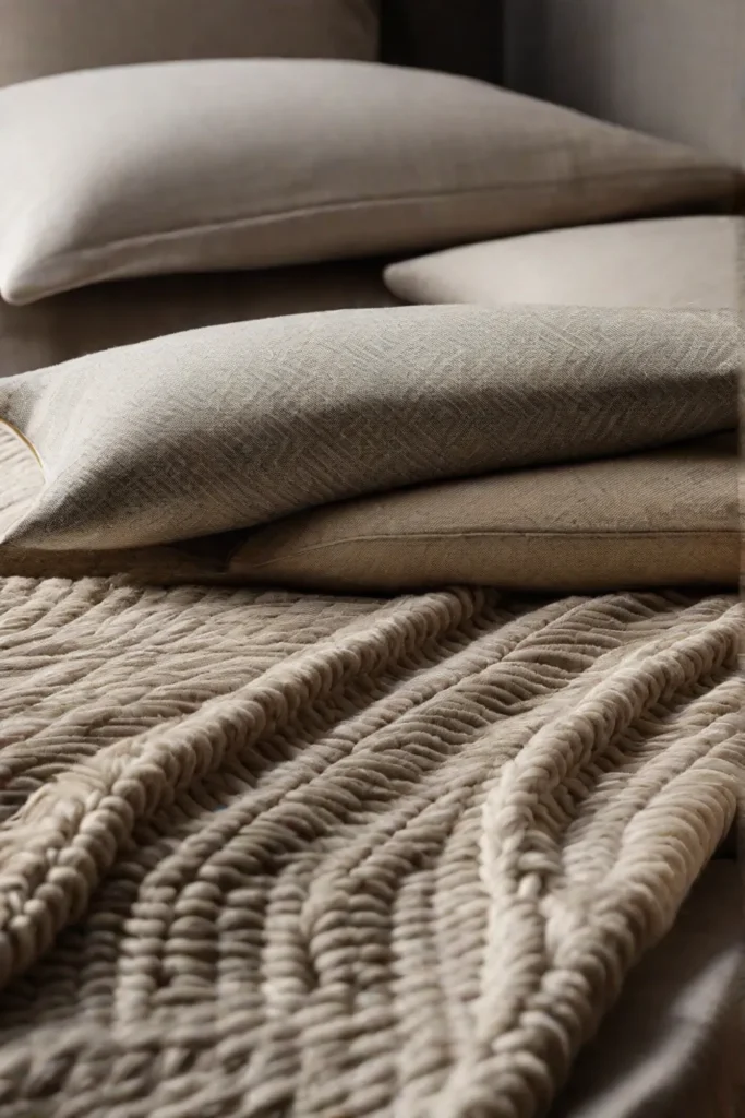Detail shot of a bed with linens in various textures from smooth