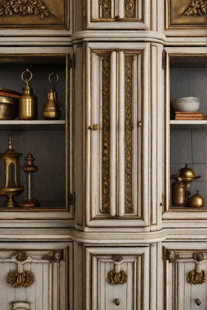 Detail shot of cabinetry with distressed paint finish and antique brass hardware