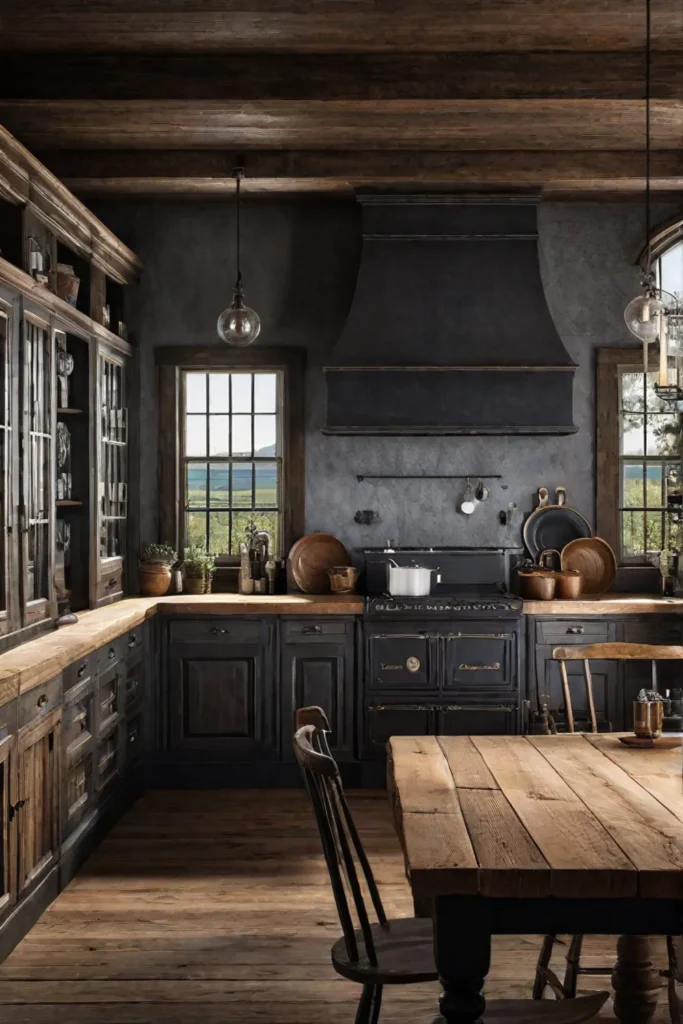 Distressed wood cabinets in a farmhouse kitchen