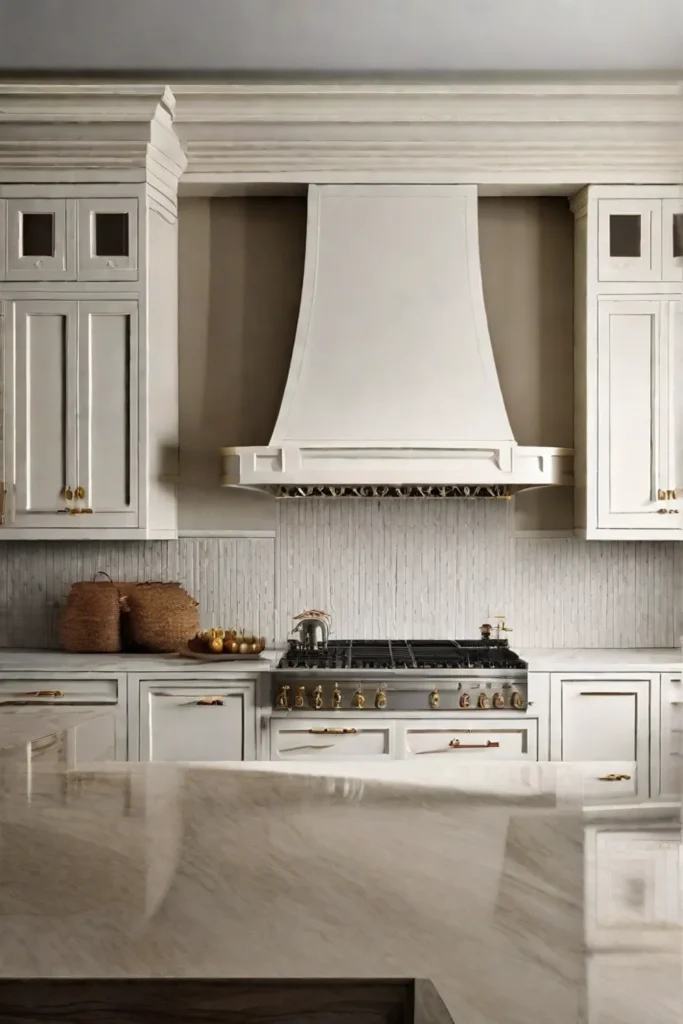 Elegant white kitchen cabinets with intricate woodwork and brass handles set against