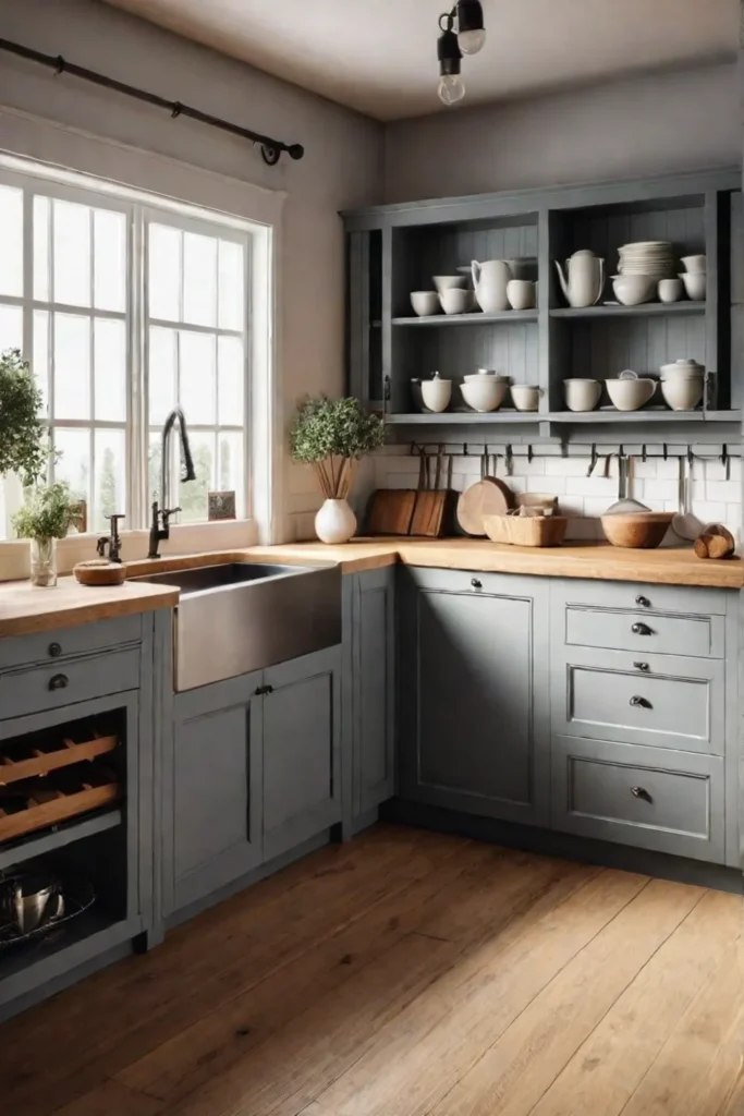 Farmhouse kitchen with a combination of cabinet and open shelving