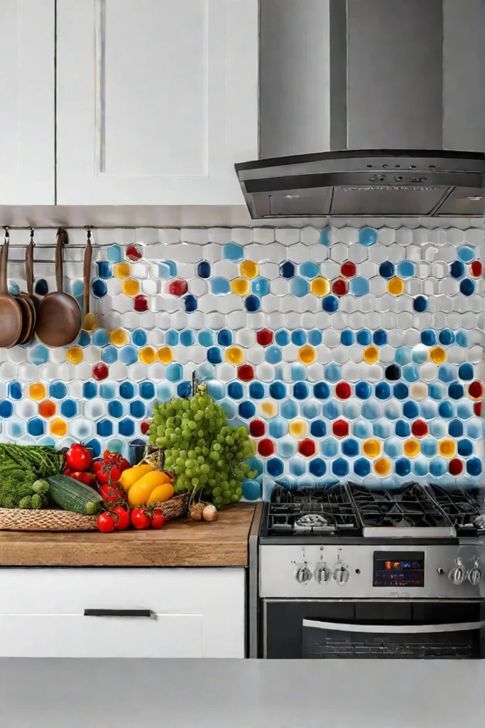 Farmhouse kitchen with a pop of color in the backsplash or accent