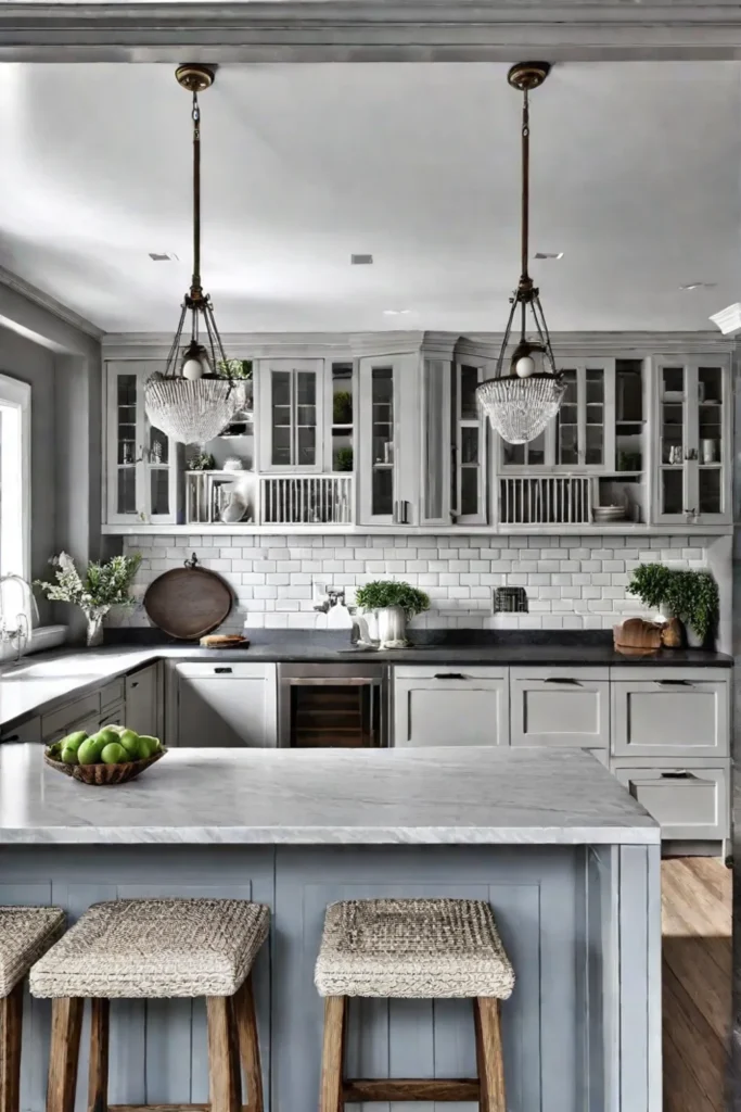 Farmhouse kitchen with cabinets in soothing neutral color palette