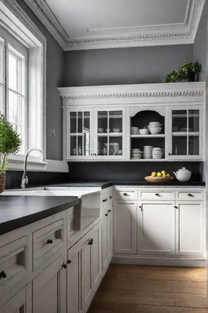 Farmhouse kitchen with decorative molding on the cabinets