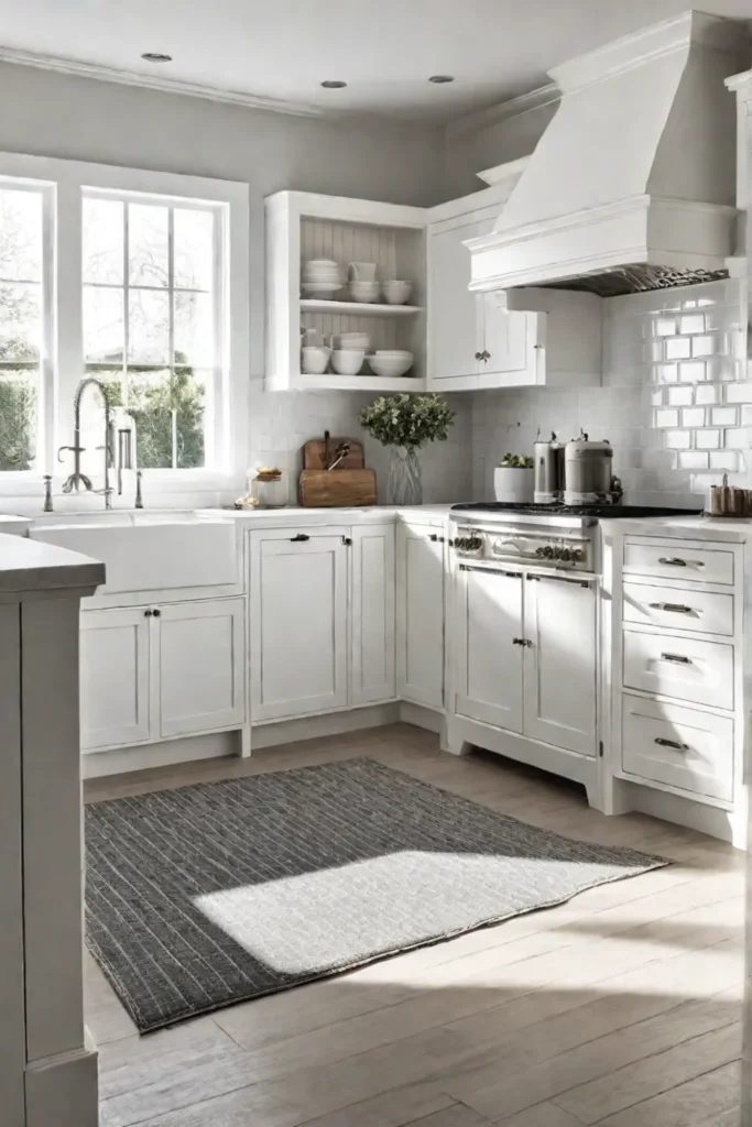 Farmhouse kitchen with white cabinets and brushed nickel cabinet pulls