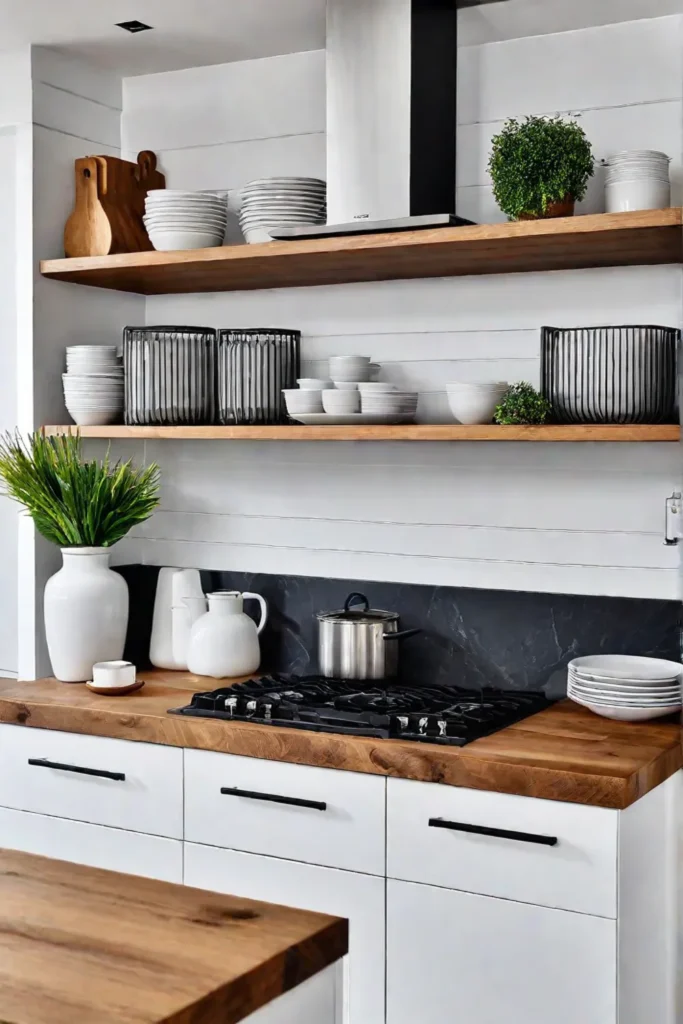 Farmhousestyle kitchen with open shelving creating airy and personalized look