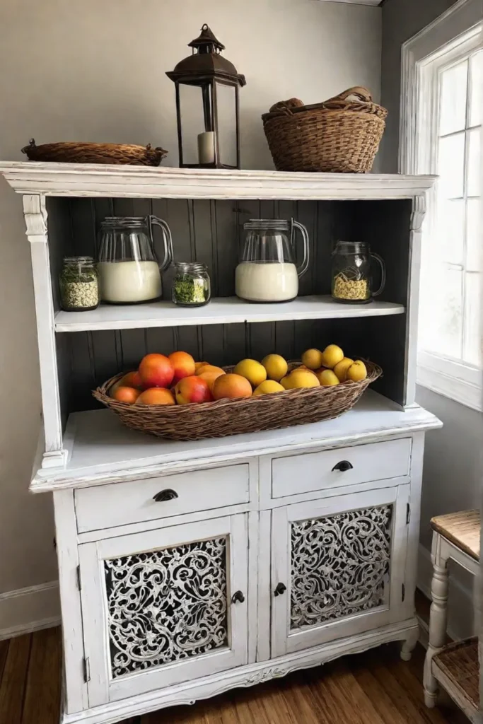 Freestanding vintageinspired cabinet or hutch in a farmhouse kitchen