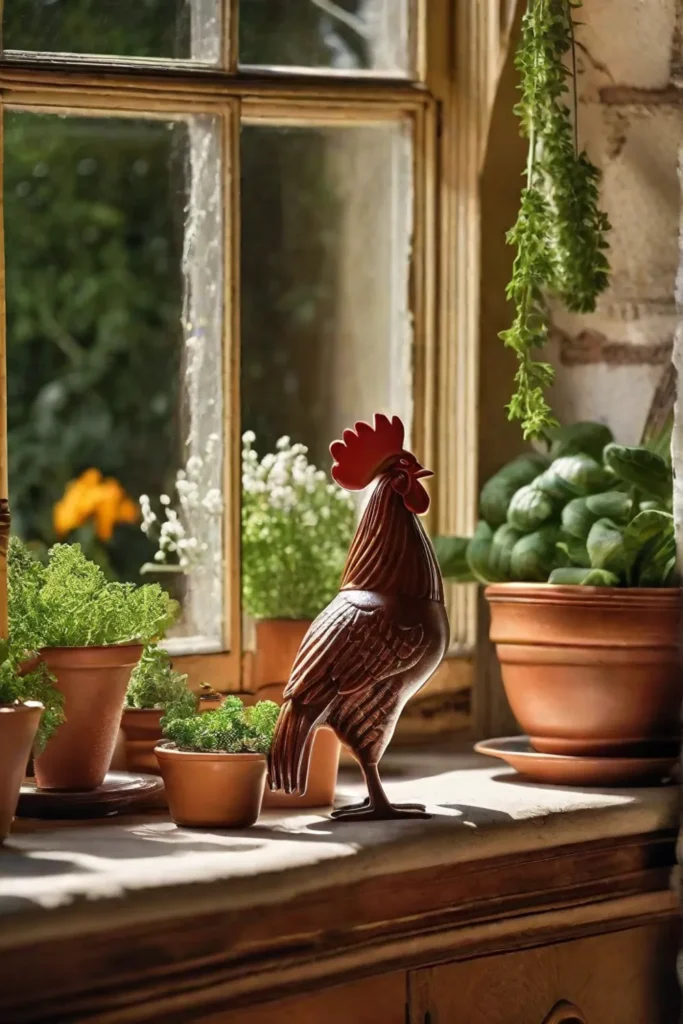 French country kitchen window dressed with lace curtains overlooking a garden with