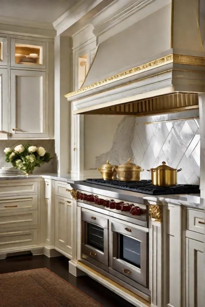 Georgian kitchen elegance depicted through a focus on crown moldings atop white