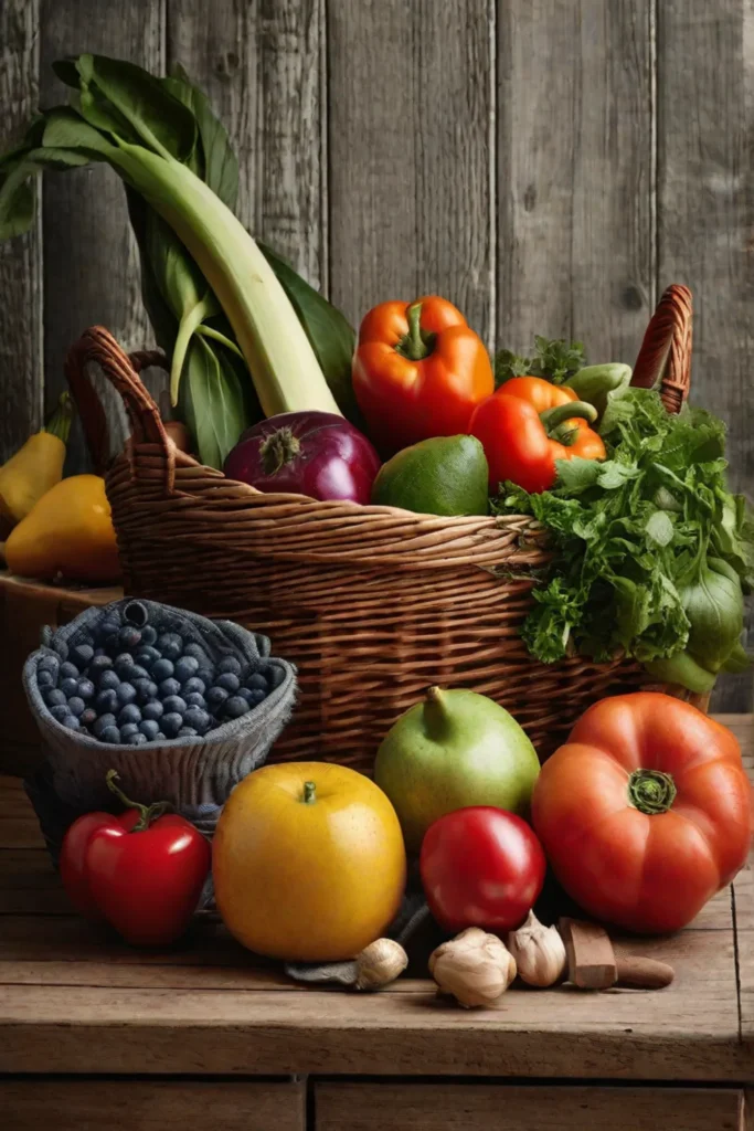 Handwoven rattan basket filled with fresh produce sitting atop a distressed wood