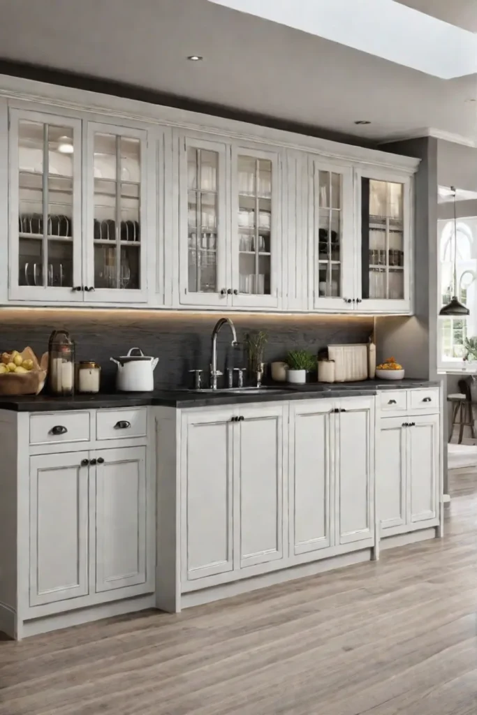 Kitchen cabinets painted in soft muted tones for warm inviting farmhouse style