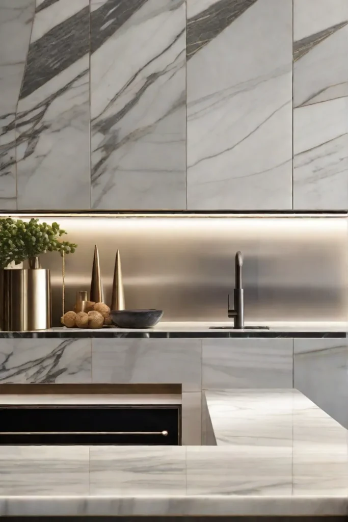 Luxurious marble countertops with aged metal edges showcasing the blend of natural