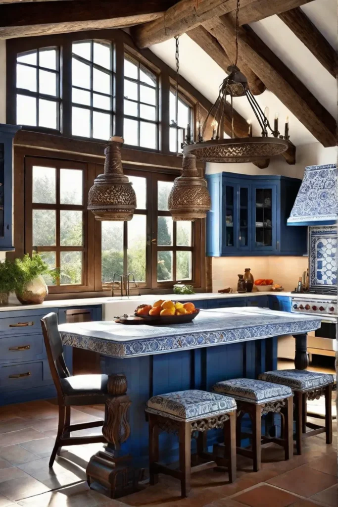 Mediterranean kitchen corner with vibrant blue and white tiles rustic wooden beams