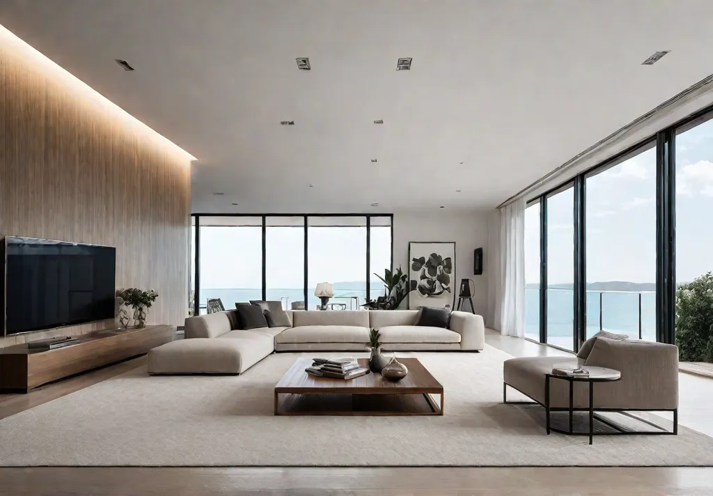 Modern minimalist living room with clean lines neutral tones and a statementfeat