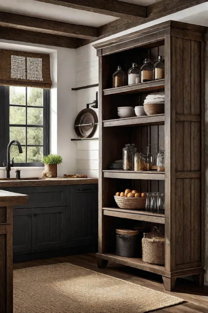 Open cabinet with beadboard sides and shelves showcasing rustic farmhouse style