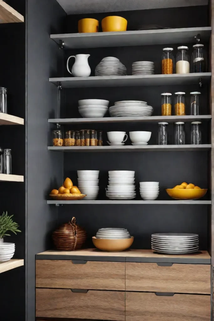 Open kitchen shelving unit displaying decorative and functional items