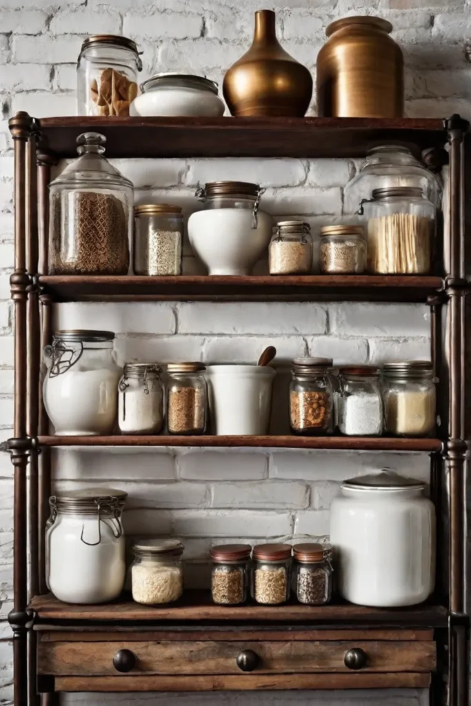 Open wooden shelving displaying a collection of vintage crockery and glass jars