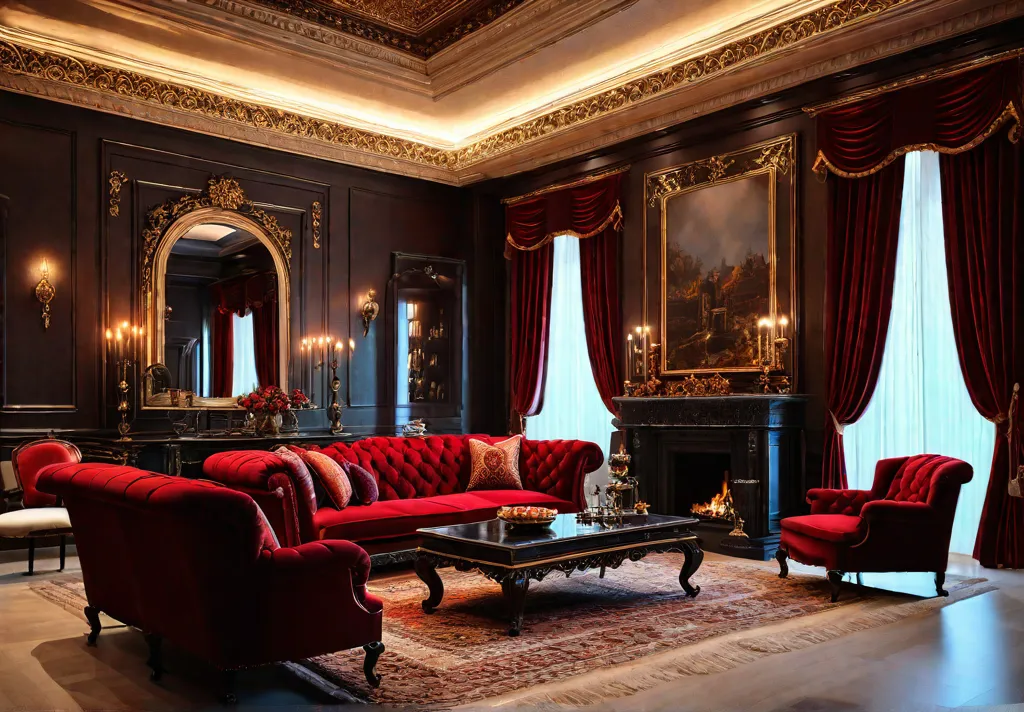 Opulent living room with a rich color palette of deep reds goldsfeat