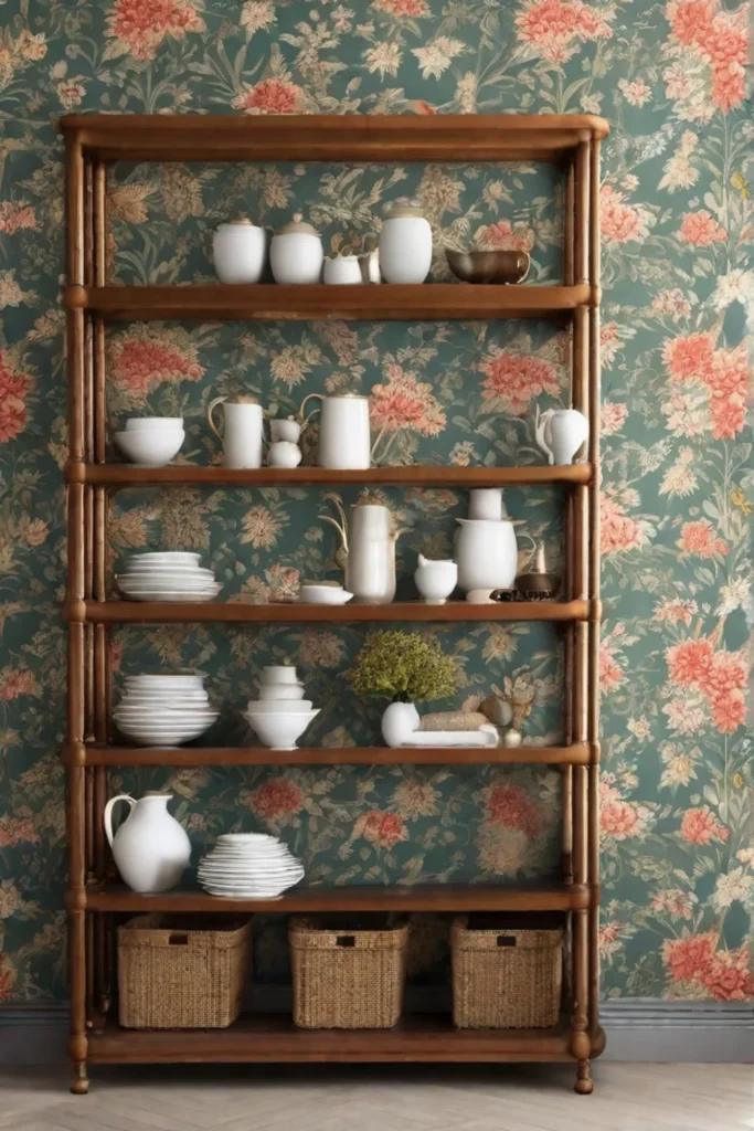 Patterned wallpaper featuring delicate floral designs adding a layer of softness and