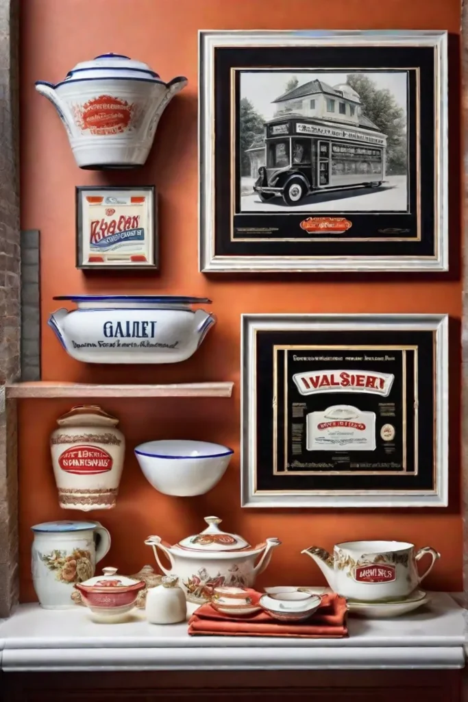 Porcelain enameled signage and framed vintage kitchen advertisements arranged as a gallery