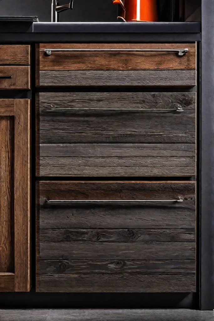 Reclaimed wood cabinet doors with visible character and imperfections