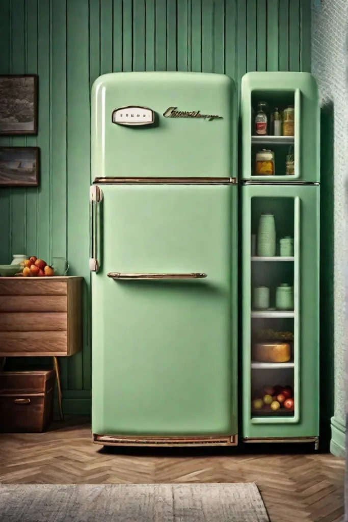 Retrostyle refrigerator in mint green nestled between wooden cabinetry exuding a cool