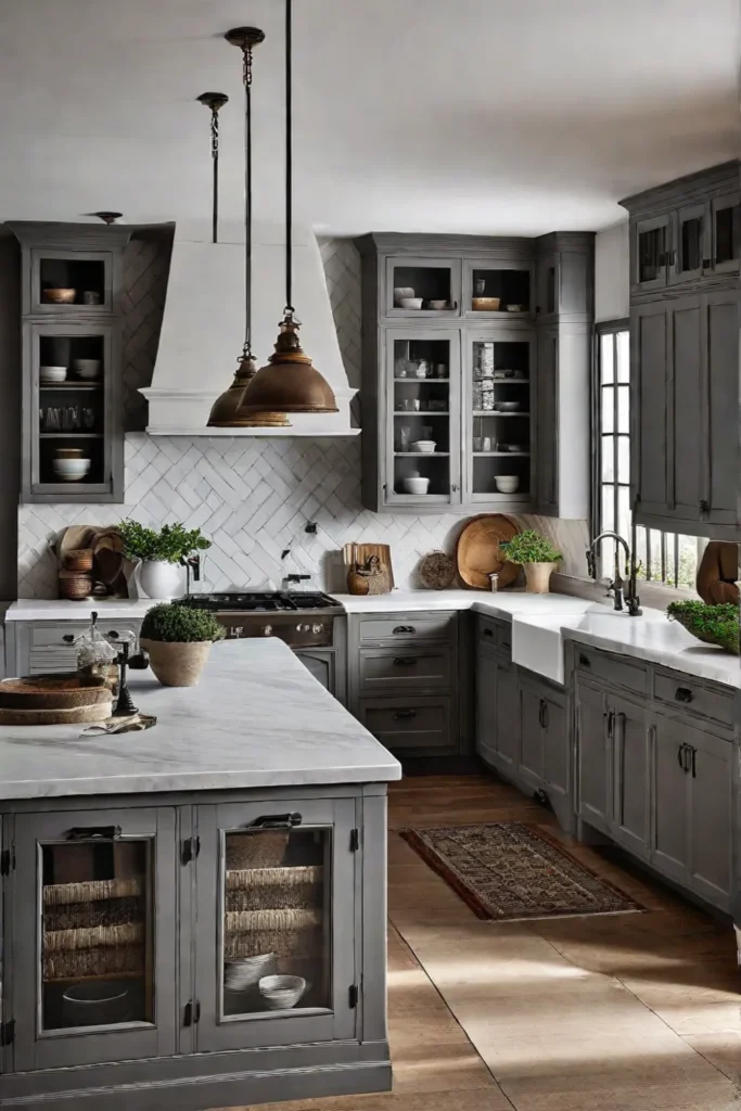 Rustic vintageinspired hardware on farmhousestyle kitchen cabinets