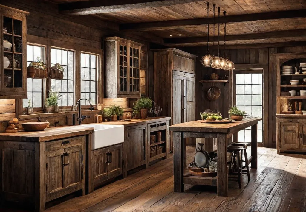 Rustic wooden farmhouse kitchen cabinets with a weathered distressed finishfeat