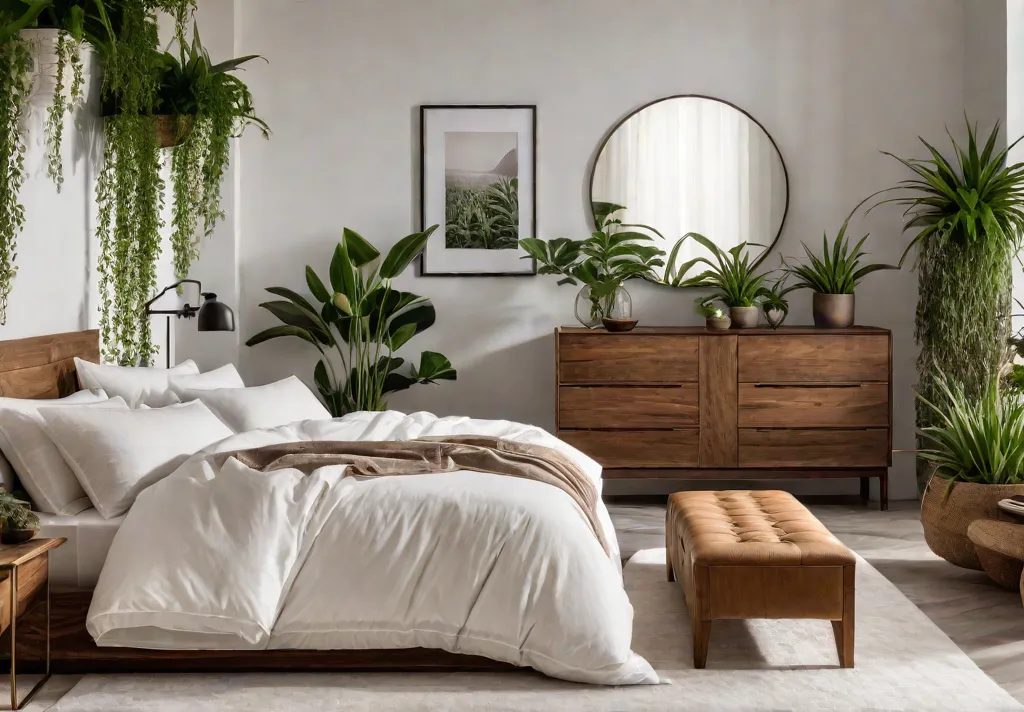 Serene and earthy bedroom with natural wood furniture lush indoor plants andfeat