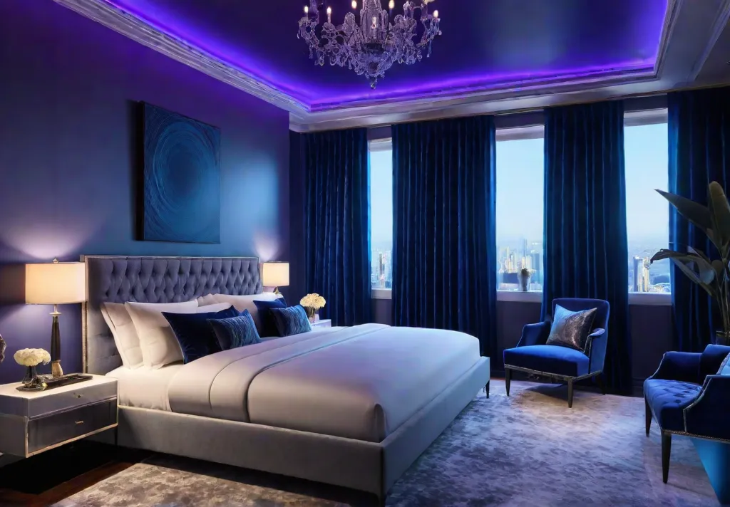 Stellar bedroom with a captivating color palette of deep blues vibrant purplesfeat