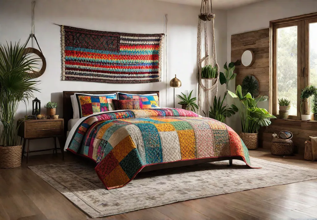 Vibrant Bohemian bedroom with a colorful patchwork quilt macrame wall hanging andfeat