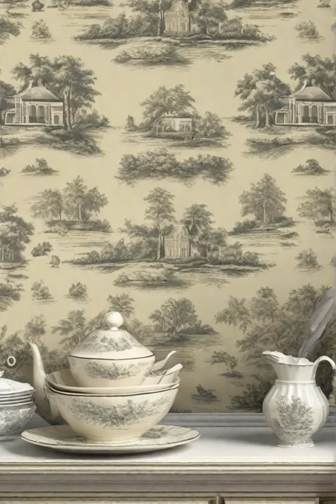 Wallpaper with a classic toile pattern in a muted color palette adding