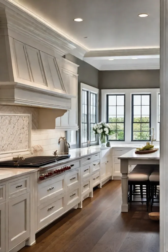 White crown molding enhancing the ceiling line of a kitchen paired with