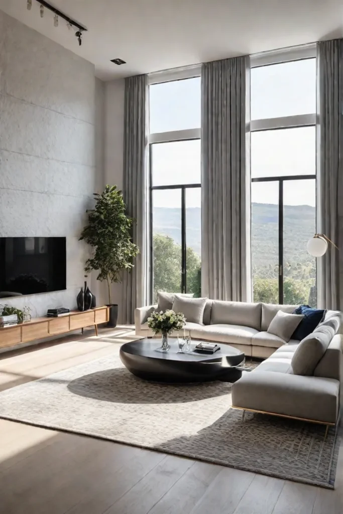 an openplan living room with large windows sleek furniture and a pareddown