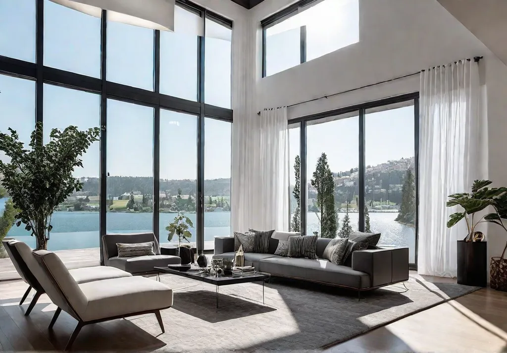 modern openconcept living room with high ceilings large windows and an airyfeat
