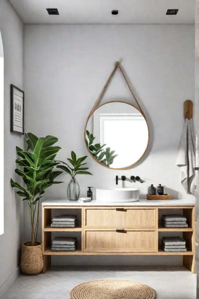 A Scandinavianstyle bathroom with white walls a white vanity with storage a