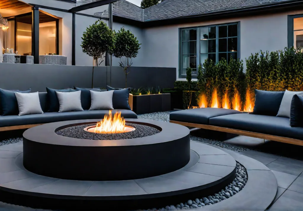 A backyard patio with a modern design featuring sleek concrete pavers afeat