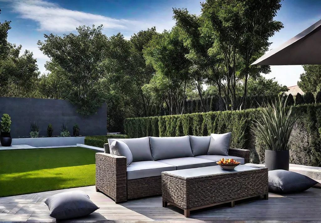 A backyard patio with a modern design featuring sleek lines neutral colorsfeat