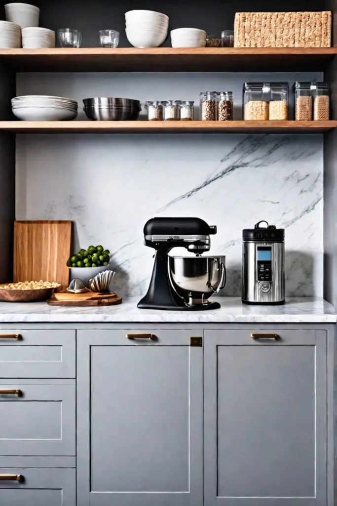 A baking center in a kitchen with open shelves a marble countertop